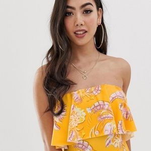 Minimal Frill Bandeau Swimsuit in Orange Floral.